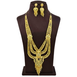 Parure de bijoux de mariée longue et lourde en laiton plaqué or 14K/18K/24K, style Dubaï traditionnel, vente en gros - Product Image 1