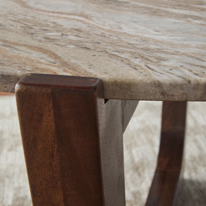 Table basse de salon moderne, durable et écologique, avec plateau rond en marbre travertin et pieds pliants en bois de manguier massif finition marron - Product Image 6