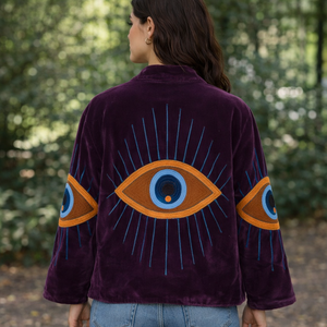 Purple Velvet <b>Quilted</b> <b>Jacket</b> Floral <b>Pattern</b> Stand Collar Open Stitch Closure Full Sleeve Breathable Cotton Lining Women's Autumn - Product Image 2