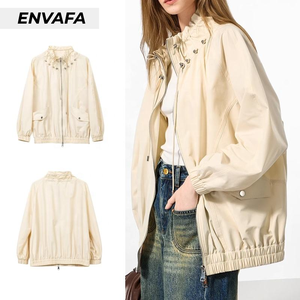 Chaquetas Cortavientos Personalizadas con Cuello Alto y Corte Holgado para Mujer, Novedad de Otoño, Gabardina con Cordón Ajustable para Mujer - Product Image 3