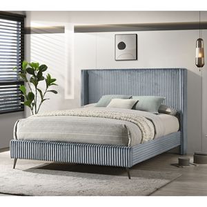 Cama Queen Mavela Azul con Panel Tapizado de Corduroy de Canalé Ancho, Comodidad y Estilo Premium - Product Image 1