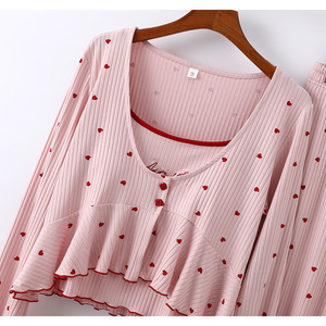 Conjunto de Pijama de Tres Piezas para Mujer, Estampado de Corazones, Transpirable, Suave, de Poliéster/Algodón, Manga Larga, Pantalón Largo, Ropa de Dormir para Primavera/Verano - Product Image 3