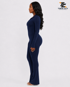 TWIN CITY Women Long Sleeve <b>Zip</b> <b>Up</b> Jumpsuit High Waist Full Length Solid Color Stretchy <b>Polo</b> Collar Modern Jumpsuit - Product Image 2