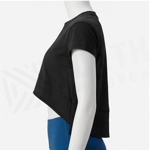 North Approach <b>Black</b> <b>Crop</b> <b>Top</b> Crew Neck <b>Short</b> <b>Sleeve</b> Solid Yoga Wear Breathable Spandex Polyester Women's Sportswear - Product Image 3