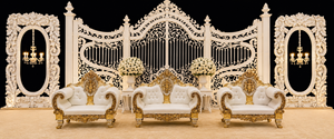 Imperial Palace Asian Wedding Stage Decor Luxury White Gold Royal Wedding Stage <b>Backdrop</b> with Carved Sofa Set & Decorative <b>Frame</b> - Product Image 3