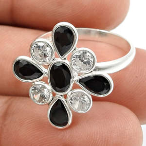 Round-Pear & Oval Cut Flower Clover <b>Ring</b> Natural Black & White CZ Bezel <b>Set</b> 925 Sterling <b>Silver</b> Classic Handmade Wholesale <b>Ring</b> - Product Image 3