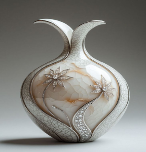 Vase gris subtil à glaçure craquelée avec un délicat squelette en feuille d'or. Œuvres d'art disponibles à prix de gros. - Product Image 3