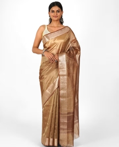 Sari de Seda Banarasi Marrón KV con Blusa Sin Coser - Prenda Tradicional para Fiestas, Sin Arrugas y Reversible - Product Image 5