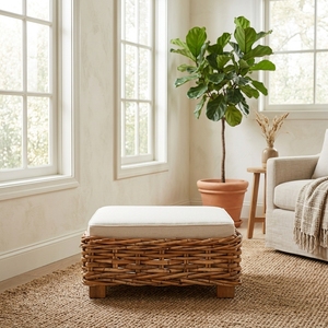 New Modern Minimalist Chunky Woven Rattan Ottoman <b>Stool</b> Wood Eco-Friendly Outdoor <b>Garden</b> Patio Living Seating Accent Chair Box - Product Image 2