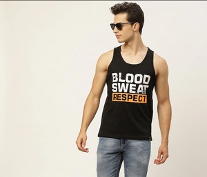 Débardeur noir pour homme avec imprimé « Blood Sweat Respect », col rond, sans manches, style décontracté, 100 % coton respirant, tricoté - Product Image 1