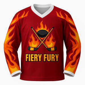 Camiseta de Hockey sobre Hielo Sublimada para Hombre Fiery Fury, Manga Larga, Cuello en V, Poliéster que Absorbe la Humedad, Ropa Deportiva - Product Image 1