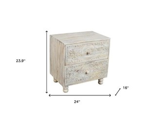 Mesa de Noche Vintage de Madera Tallada a Mano con Dos Cajones, Diseño Floral, Gabinete de Almacenamiento para Dormitorio o Sala de Estar - Product Image 3