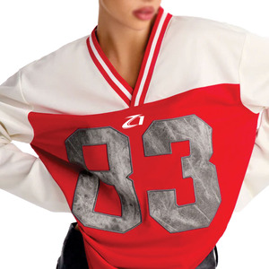 Trendy Women Cut and Sew Panel <b>Red</b> White American Football Jersey Oversized Streetwear Long Sleeve Polyester OEM Sports Teamwear - Product Image 2