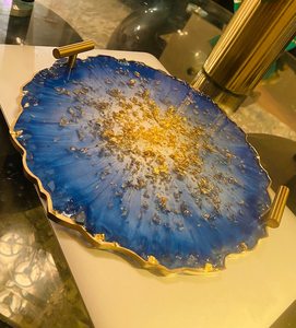 Handmade <b>Blue</b> Resin Geode Tray with Handles & <b>Coasters</b> - Product Image 1
