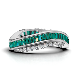18K Gold Green Baguette Cut Eternity Ring with Round Pave Stones Luxury Statement Band - Product Image 3