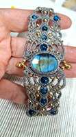 Pulsera de Labradorita Gris Rodio Hecha a Mano con Macramé, Brazalete Tejido con Cuentas de Cristal Azul Bohemio, Piedra Curativa, Regalo Vintage para Fiesta
