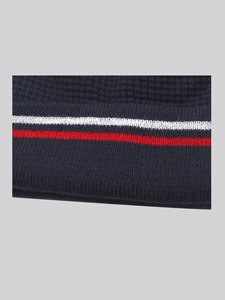 Bonnet en tricot bleu marine unisexe avec rayures rouges et blanches, bonnet d'hiver décontracté pour adultes 56-58 cm, en acrylique - Product Image 4
