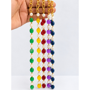Collar al por mayor Shree Ambikanath de plata con cadena de cuentas de gemas facetadas multicolor, perlas de imitación y eslabones chapados en oro. - Product Image 2