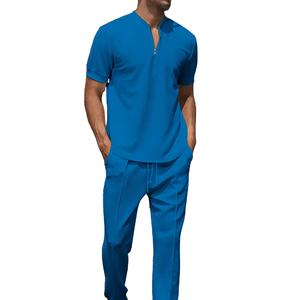 2025 nuevo conjunto de verano para hombre Youth Waffle cuello plano cremallera de color sólido manga corta de color sólido + Pantalones que combinan con todo casual - Product Image 5