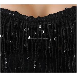 Costume de danse personnalisé pour femmes, noir, à franges et sequins, ensemble 2 pièces, haut court et short, pour spectacle sur scène, OEM - Product Image 5