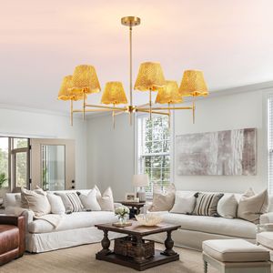 Lampadario Boho in Rattan a 6 Luci, Lampada a Sospensione Rustica Industriale, Grande Illuminazione Regolabile per Isola Cucina D - Product Image 4