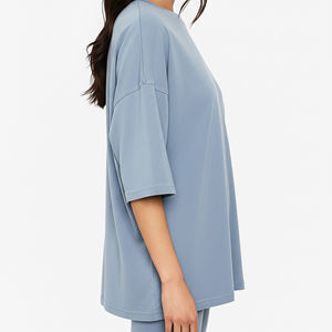 Nueva Camiseta de Cuello Redondo Holgada para Mujer, Color Sólido, Manga Corta, 100% Algodón, Tejido Jersey Transpirable - Product Image 2