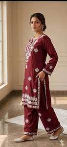 Ensemble Kurta et Palazzo en Rayonne Rouge Brodé, Tenue Indienne et Pakistanaise, Vêtement Ethnique Décontracté et de Bureau pour Femme, Coupe Confortable - Product Image 3