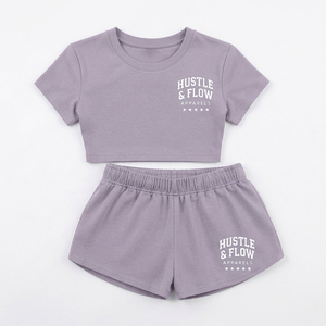 Custom Private Label Solid Vintage Custom Logo Two-Piece Women Crop T Shirt and Shorts <b>Set</b> New Style Women <b>Twin</b> <b>Set</b> - Product Image 1