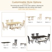 Ensemble de table à manger extensible traditionnelle de 78 pouces avec 6 chaises rembourrées et plateau amovible de 18 pouces, bancs et chaises de salle à manger
