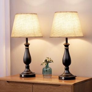 Ensemble de 2 lampes de table noires au design classique, base en métal luxueuse, abat-jour en tissu lin, élégante lampe de chevet, décoration d'intérieur. - Product Image 2