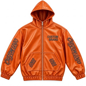 Custom <b>Men's</b> Hooded <b>Faux</b> <b>Leather</b> <b>Jacket</b> with Raised Logo Details Full Zip Urban Fashion Streetwear Apparel - Product Image 6