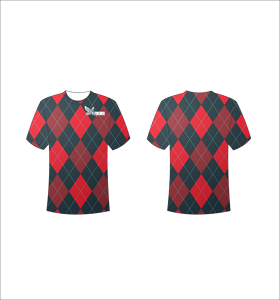 T-shirt personnalisé sublimé, imprimé sur toute la surface, motif Argyle rouge et noir, unisexe, col rond, respirant, en polyester, Ferocious Clothing - Product Image 1