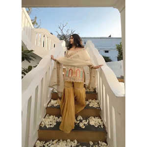 Conjunto de Fiesta Blanco para Mujer, Diseño NF, Top, Sharara, Plazzo, Dupatta, Talla Mediana - Product Image 5