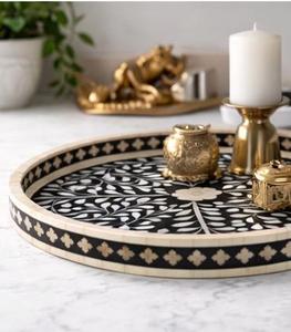 Handcrafted Bone Inlay Round <b>Tray</b> <b>Black</b> Floral Decorative Eco-Friendly Wedding Ramadan Birthday Serving <b>Tray</b> - Product Image 3