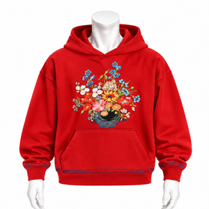 เสื้อฮู้ดลายดอกไม้สีแดง ปักลายดอกไม้หลากสี เสื้อสเวตเชิ้ตแบบสวม มีกระเป๋าจิงโจ้ ทรงหลวม สไตล์ลำลอง สตรีทแวร์ - Product Image 1