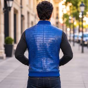 Gilet de motard sans manches en cuir véritable respirant et coupe-vent pour homme, bleu gaufré - Product Image 4