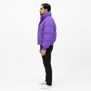 Blouson matelassé violet pour homme, col montant, fermeture éclair, rembourrage épais en polyester, coupe décontractée, à capuche, couleur unie, pour l'hiver - Product Image 4