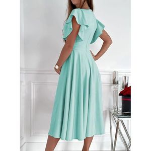Vestido Formal de Verano para Mujer, Talla Mediana, Color Azul Cielo, Cuello en V, Dobladillo con Volantes, Cintura Alta, Estilo Fluido para la Noche, Talla M - Product Image 3