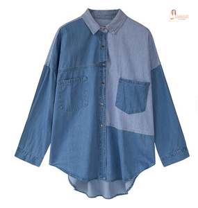 Women Denim <b>Shirt</b> Long Sleeve Button Down Striped <b>Patchwork</b> Casual Loose Fit Top With Pockets All Seasons Wear - Product Image 2