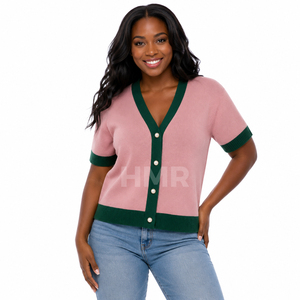 HMR Women Sorority Sisterhood OEM ODM Women's Knitted V-Neck <b>Cardigan</b> <b>Short</b> <b>Sleeve</b> Contrast Color Casual Button Closure - Product Image 1