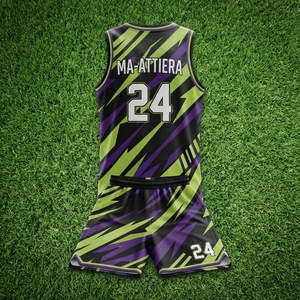 Ensemble de maillot et short de basket-ball personnalisé avec motif éclair noir, vert et violet, uniforme de sport respirant - Product Image 6