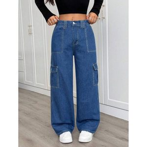 Vaqueros de mezclilla para mujer, estilo moderno y atrevido, azul piedra, multibolsillos, 100% algodón, ecológicos, transpirables, de cintura alta, estilo vintage, a la moda - Product Image 5