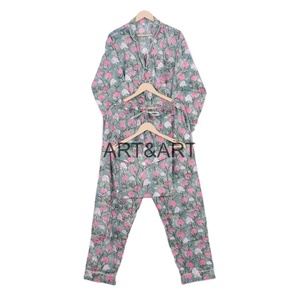 Ensemble pyjama deux pièces pour femme en coton 100% imprimé floral indien vintage avec chemise et pantalon - Product Image 3