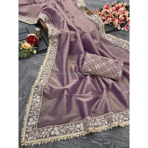 Tissu de soie Belle séquence et broderie avec miroir à main réel et saree à bordure en dentelle perlée - Product Image 1