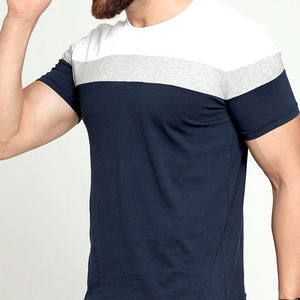 Camiseta Premium para Hombre, 100% Algodón, Azul Marino, Triple Bloqueo de Color |   Camiseta de cuello redondo con panel en el pecho en gris blanco |   Ropa Deportiva Urbana Transpirable para Gimnasio - Product Image 2