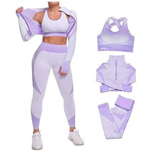 ชุดโยคะ 2 ชิ้นสำหรับผู้หญิง INDEX SPORTSWEAR สีม่วง เสื้อครอปแขนยาวมีซิป กางเกงเลกกิ้งเอวสูง ผ้าเนื้อยืดสีพื้น - Product Image 5