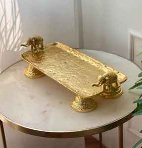 Plateau de service rectangulaire de luxe en métal, motif éléphant traditionnel, plaqué or, poli à la main, décoratif pour fruits secs et décoration intérieure - Product Image 2