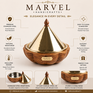 Casserole isolante en bois artisanale de luxe avec bol intérieur en acier inoxydable, couvercle conique haut de gamme, pot élégant pour servir les aliments - Product Image 5
