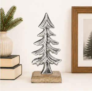 Modern Metal Christmas Tree Sculpture With Rustic Wooden Base Premium Silver Tabletop Holiday <b>Decoration</b> For Home And Office - Product Image 2