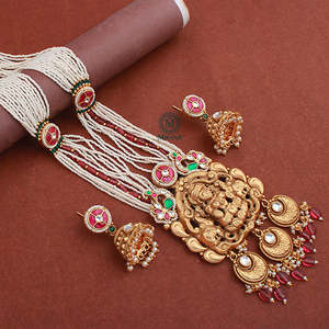 Dhanya Antique Gold Plated Designer Long <b>Necklace</b> <b>Set</b> with Zircon <b>Earrings</b> for <b>Bridal</b> & Festival - Product Image 2